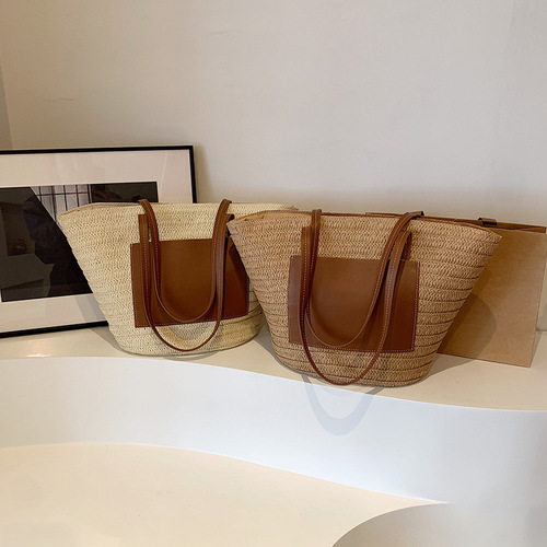 Large-capacity woven bag tote bag 2024 new high-end texture single-shoulder straw women's bag portable vacation beach bag