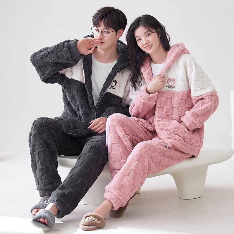 Otoño e invierno pareja cardigan pijamas engrosada ropa para el hogar de los hombres traje con capucha cálido invierno de las mujeres polar forrado de lana de coral