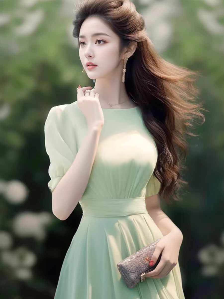 Váy dài ôm sát tinh tế cao cấp FL240245 phong cách Hepburn trắng mùa hè — Màu trắng, Màu xanh lá chi tiết 6