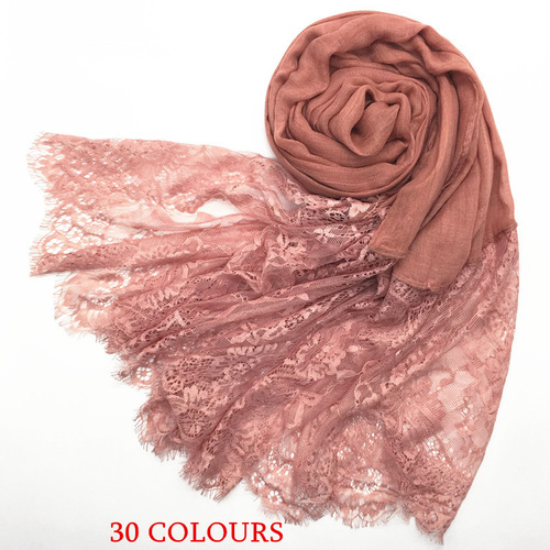 Cross-border AliExpress new women's solid color scarf with two ends, large lace lace head scarf, silk scarf, 30 colors