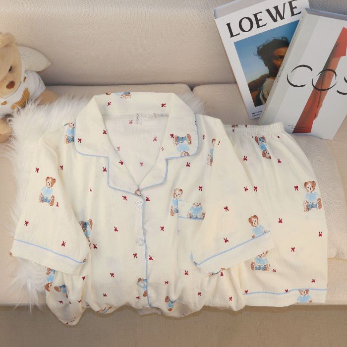 Pijamas de algodón nubes al por mayor transfronterizos de mujeres pantalones cortos de mangas cortas de verano nuevos cardigans con solapas de dibujos animados lindos cubiertas de ropa para el hogar