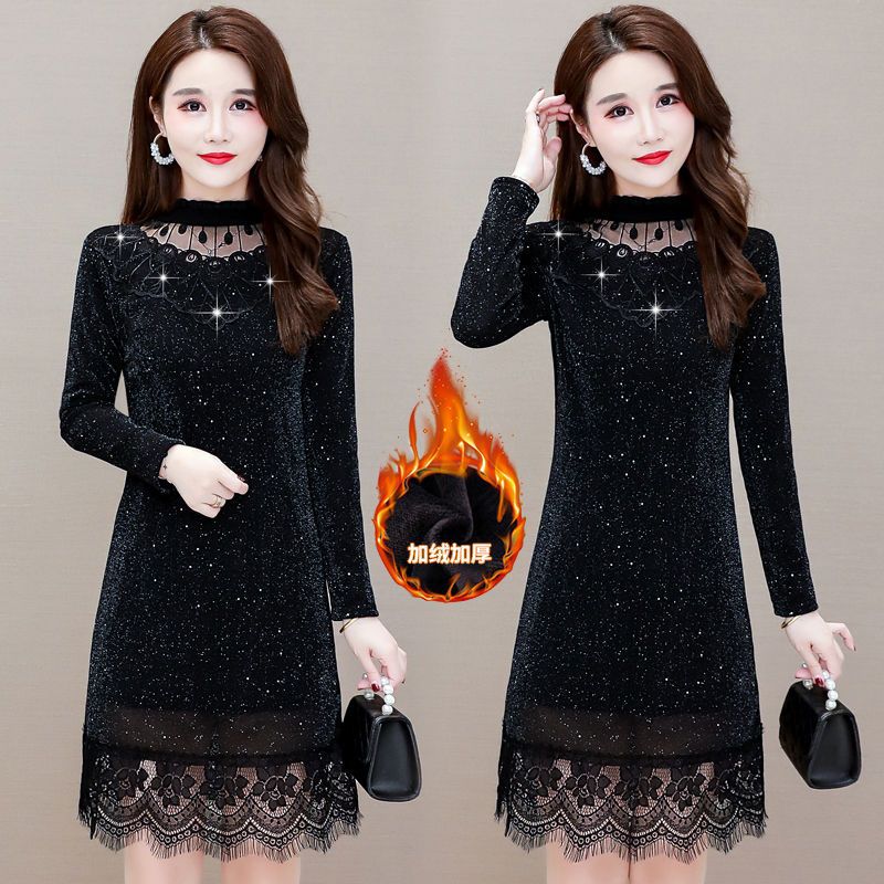 蕾丝网纱加绒衣秋冬小个子修身显瘦中长打底毛衣连衣裙配风操作