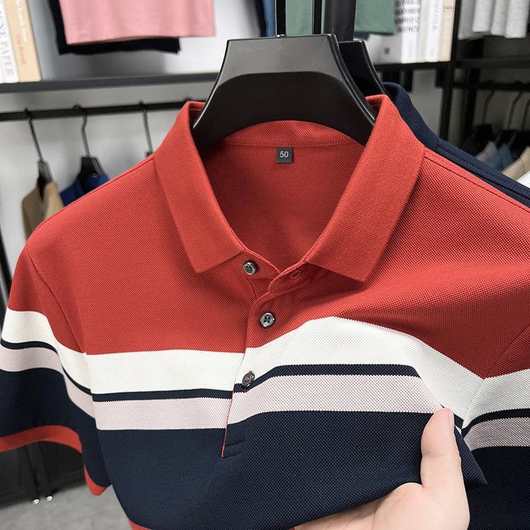新款含棉色织条纹短袖T恤休闲半袖夏季男士POLO中年爸爸商务翻领
