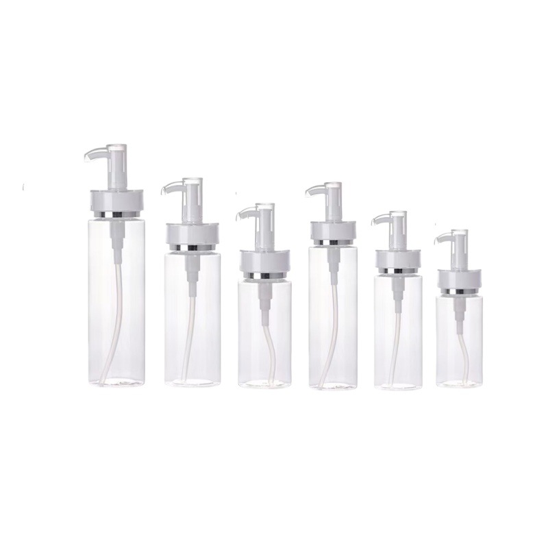 Botellas de acrílico para loción con bomba, botellas de PET de 100 ml y 750 ml, botellas de plástico blancas transparentes, botellas dispensadoras de champú, en stock.