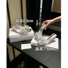 威威女郎 7588-1水钻烟花露趾高跟凉鞋透明粗跟性感拖鞋女夏外穿