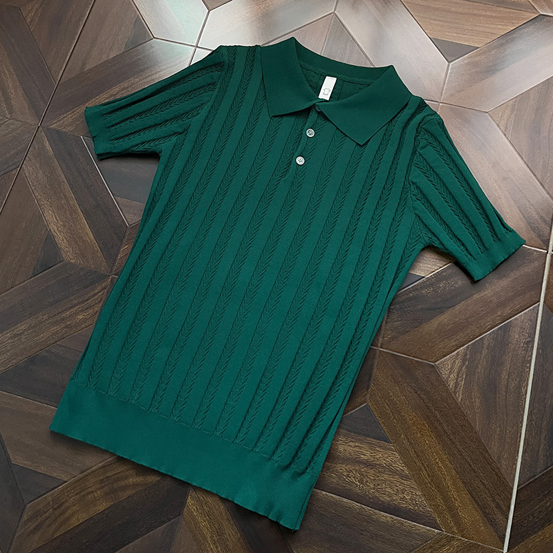 Polo camiseta de punto camiseta de manga corta hombre hueso de pescado estampado antiguo viento delgado camiseta de hielo seda de verano fábrica transfronteriza al por mayor