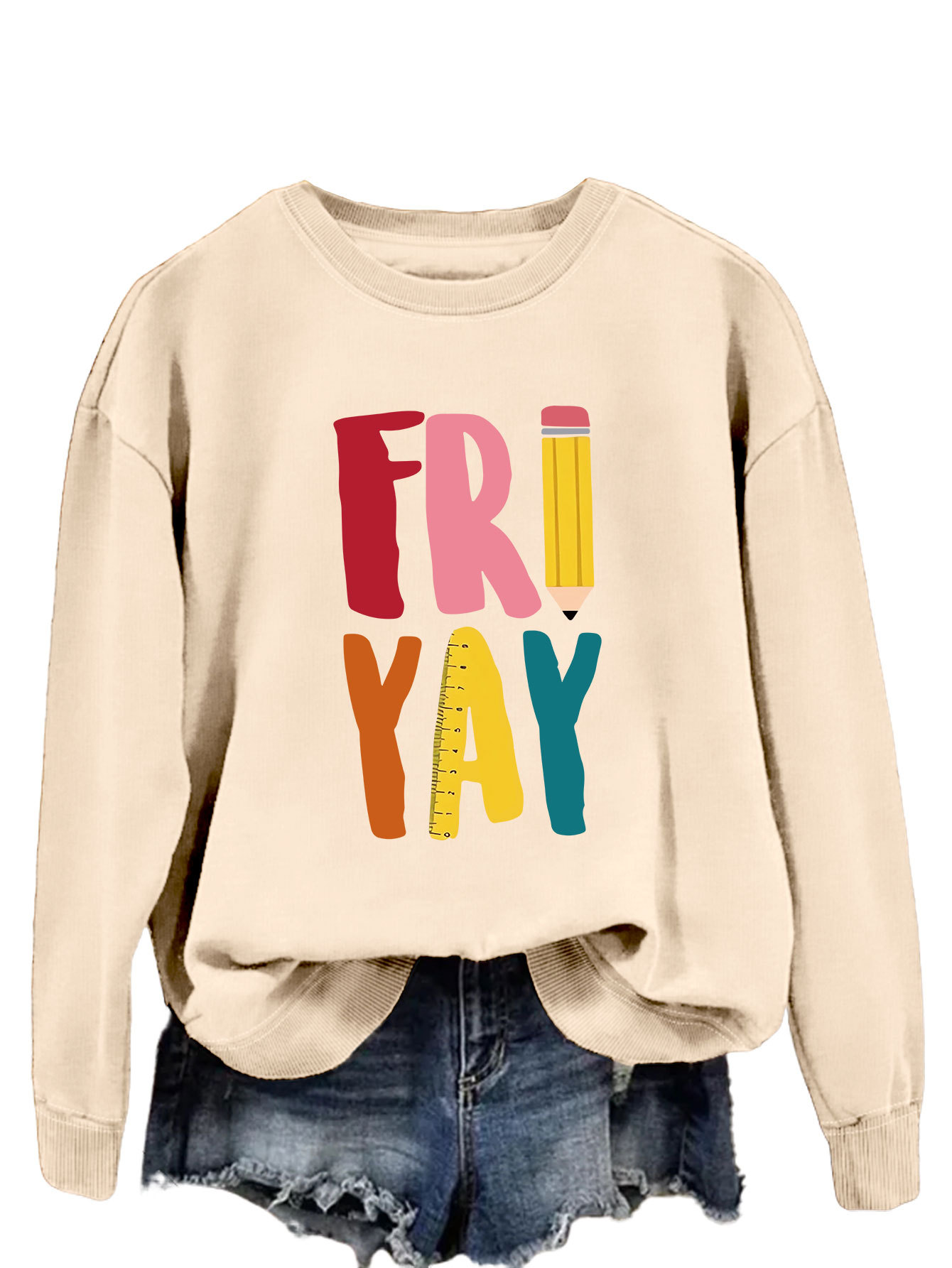 Estación independiente de moda Suelta todo fósforo superior FRI YAY lápiz divertido carta de impresión camisa de manga larga de las mujeres suéter