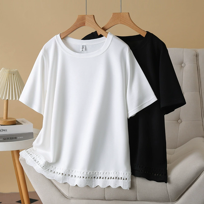 Плюс размер 2025, новый летний стиль, женская футболка с короткими рукавами и кружевным краем, модная простая футболка, топ 1657