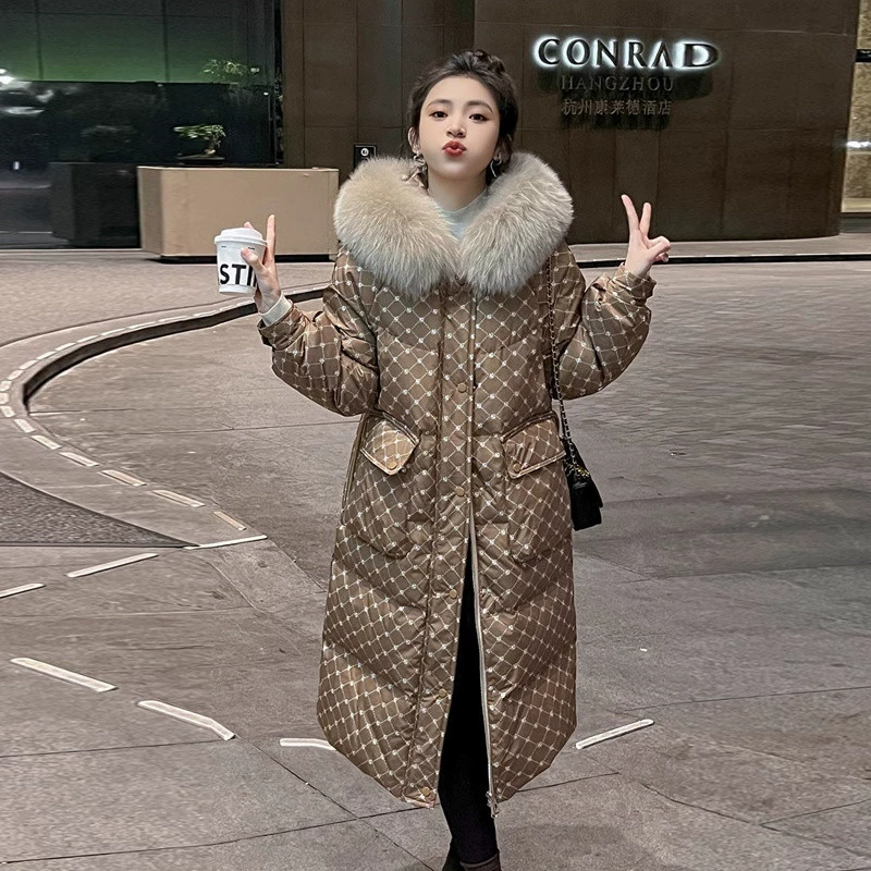 Настоящая лиса большой шерстяной воротник 90 белая утка пуховик женский зимний 2024 новый средний длинный колено толстый пиджак