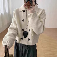 2025新款跨境秋冬新款双排扣假口袋翻领针织开衫毛衣外套女士外套