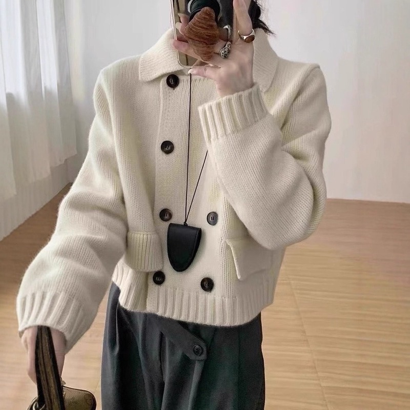 2025新款跨境秋冬新款双排扣假口袋翻领针织开衫毛衣外套女士外套|undefined