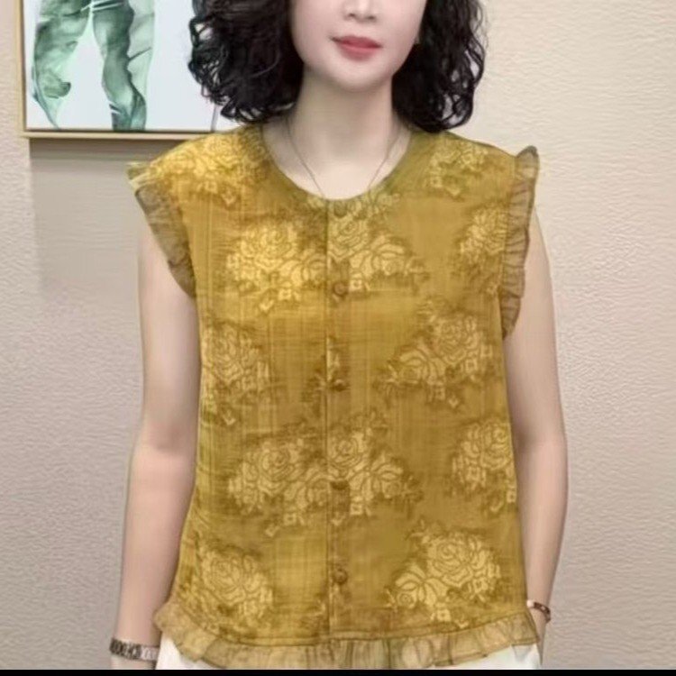 Live-streaming hit: Round-neck ruffled sleeveless printed shirt, 2026 summer new fashion casual age-reducing top for women Live-streaming hit: Round-neck ruffled sleeveless printed shirt, 2026 summer new fashion casual age-reducing top for women