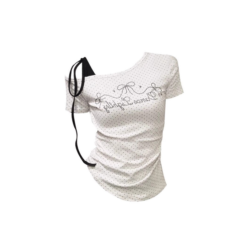 Korean Chic White Polka Dot Hot Diamond Oblique Shoulder Short-Sleeved T-Shirt for Women Summer Slim Off-Shoulder Strap Bow Top