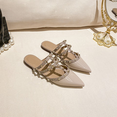 2022新款sandals high heels跨境包頭鉚釘一字帶款歐美平底涼鞋女
