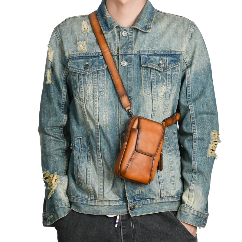 Vintage Unique Color Top Layer Tree Cream Vegetable Tanned Cowhide Vintage Casual Men's Crossbody Bag Casual Bag Mobile Phone Bag