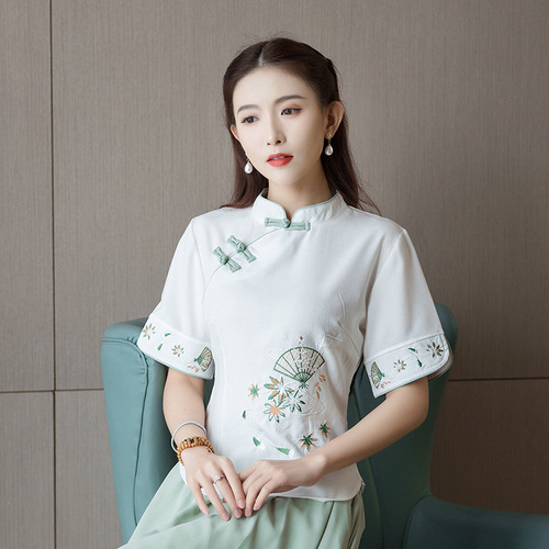 cotton embroidered Women tang suit chinese dress retro qipao blouse tops qipao tea suit jacket Chinese style restoring ancient ways short sleeve 