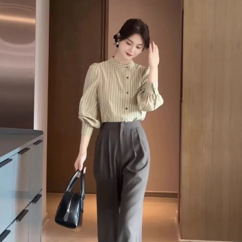 高级感时尚套装2025秋季新款干练气质女装小香风衬衫阔腿裤两件套|undefined