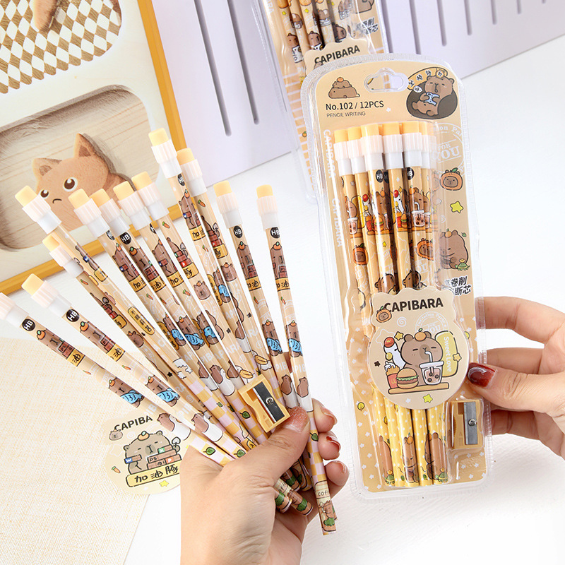 Caricatura Capibara HB lápiz para estudiantes de primaria 12 rodas redondas con cuchillo de lápiz de alto valor de papelería
