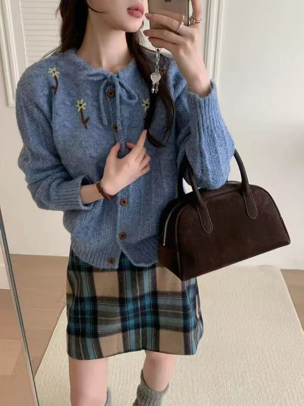 精致手工立体绣花单排扣针织毛衣开衫女秋季新款糯叽叽系带小外套|undefined