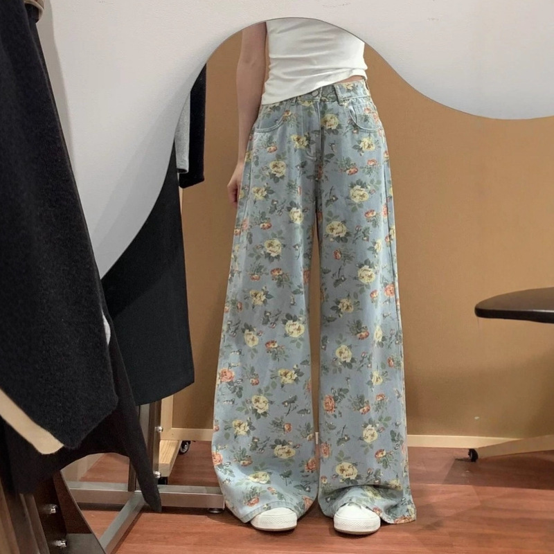 Niche Floral All-Over Printed Floral Wide-Leg Jeans for Women, Petite High-Waisted Pear-Shaped Figure Loose Straight Pants