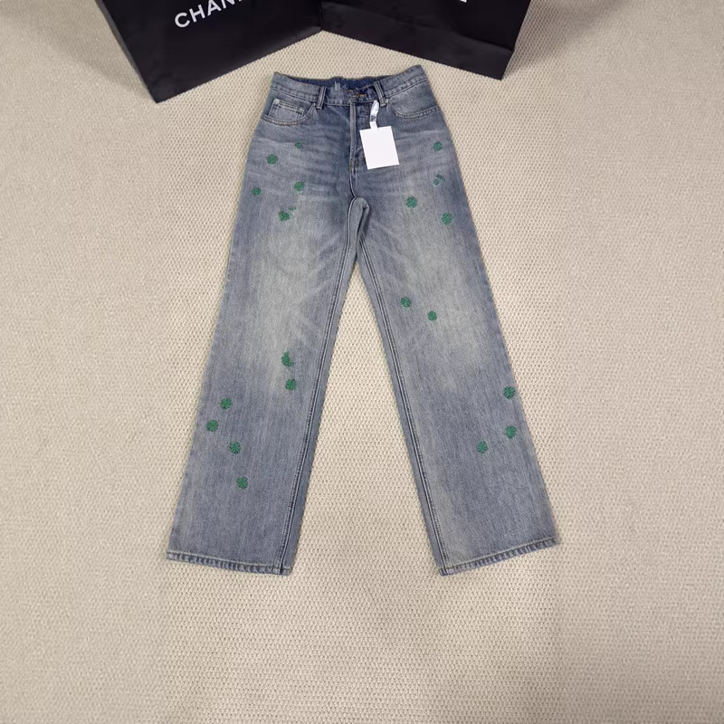 Narrow Wide-Leg Jeans for Women 2026 New Four-Season Style with National Style Embroidery, Four-Leaf Clover, High Waist, Loose Fit, Slimming, Retro Straight