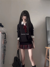 纯色原创领针织衫学院风日系秋冬款穿搭玄格裙短裙套装校供感