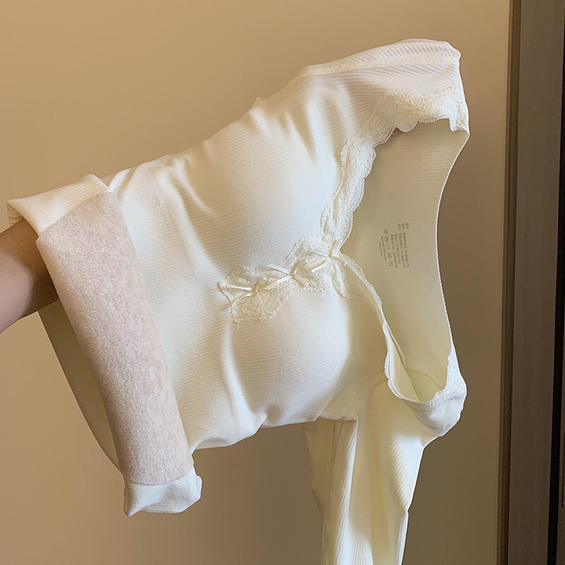 Women's Thermal Underwear Set with Chest Pads, Fleece-Lined, Thickened Base Layer Top and Pants Made of Sheep Wool and Mulberry Silk