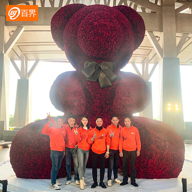 百界婚礼堂道具海南三亚仿真红色玫瑰熊酒店商场大堂门口铁艺摆设