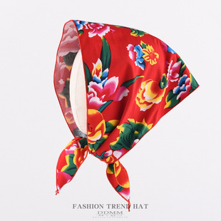 Northeast large flower cloth headscarf triangle headwear towel performance accessories large cotton square scarf retro ethnic style closed toe scarf