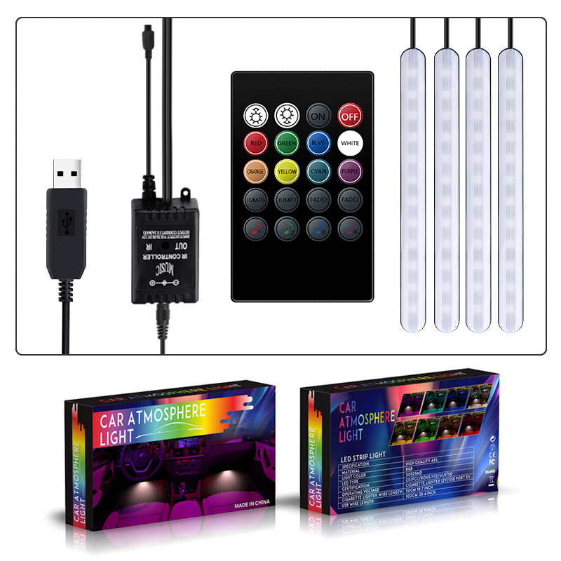 Luz de ambiente del automóvil, modificación gratuita en el automóvil, luz de ambiente LED de ocho colores, luz de pie usb del automóvil, luz de ritmo de música interior