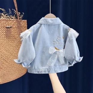 Girls Denim Jacket Spring and Autumn Jacket 2025 Spring and Autumn Lace Kitten Korean Style Fashionable Casual Denim Jacket T20