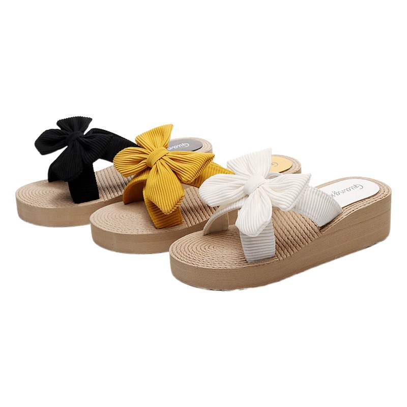 Летние Новые Стильные Простые тапочки на танкетке с бантом, женская верхняя одежда, повседневные пляжные сандалии на толстой подошве с плетеной подошвой