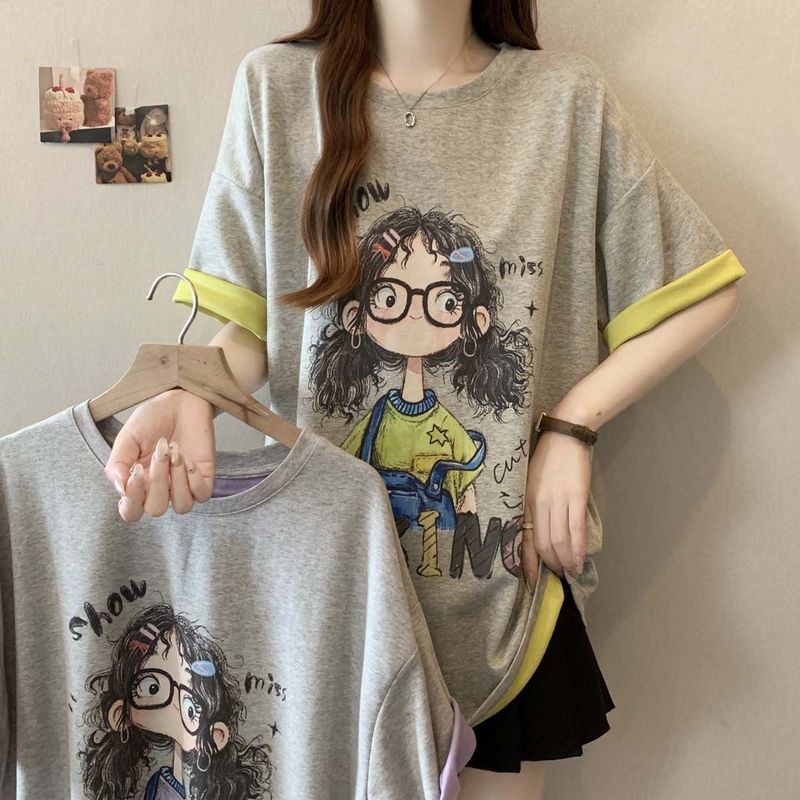 大きいサイズの対照的なカラーの漫画プリント半袖 T シャツ女性のための夏 2025 新しいファット mm ルーズ痩身ファッショナブルなトップス女性のための|undefined