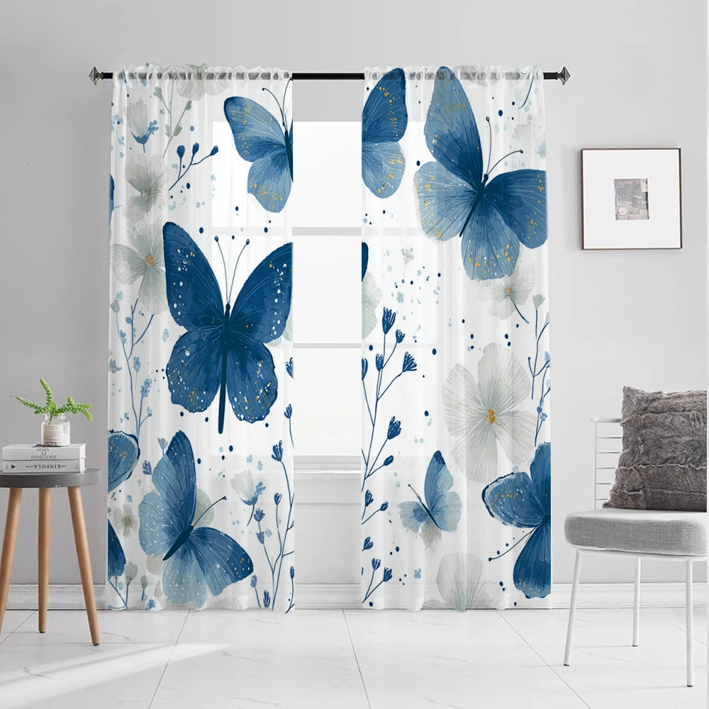 Прямые продажи с фабрики в Шаосине, Чжэцзян: цифровая печать на заказ, дизайн синей бабочки и цветов для оконных экранов.