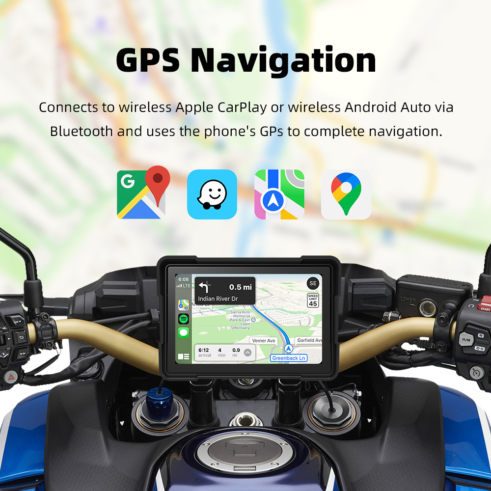 5inch Portable Car-Mounted Motorcycle Dash Cam Carplay Navigator Ip67 Waterproof Wireless