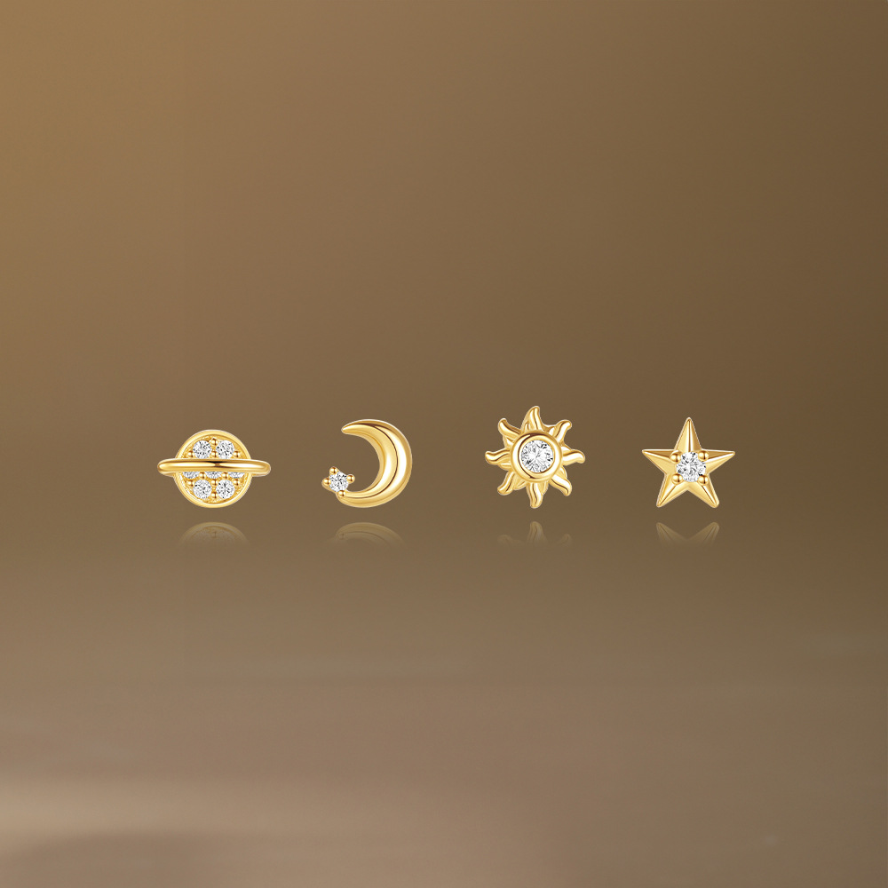 Holiday, Daily, Selfie Occasion 925 Sterling Silver Material Star, Moon Pattern Women's Gender 4 Pieces 925 Sterling Silver Zircon Star Moon Ear Studs