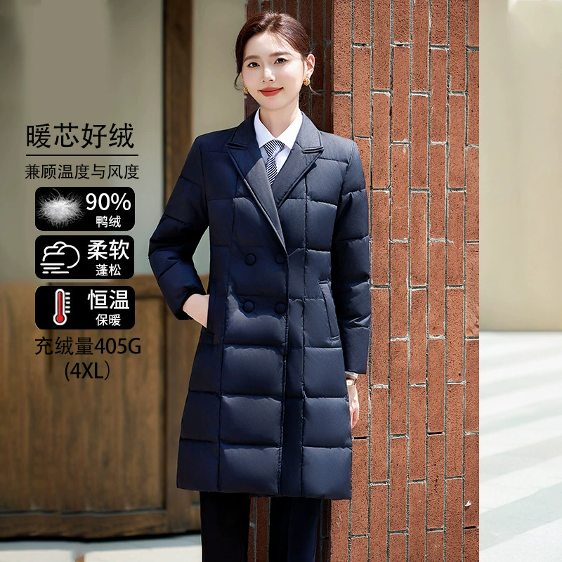 Синяя тонкая пуховая хлопчатобумажная одежда женская 2024 новая зимняя средняя передняя рабочая одежда профессиональный костюм с воротником