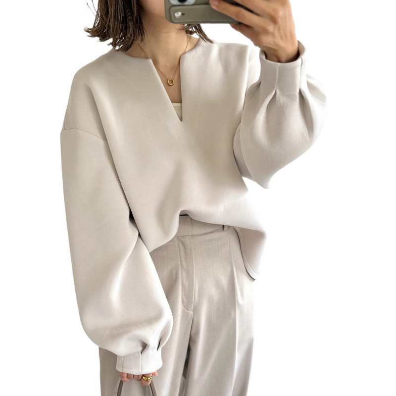 3色楽天好生地2025冬の日系純色のゆるいvネック提灯長袖のセーターの女性|undefined