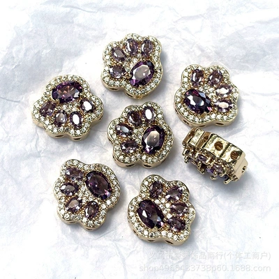 zirconium, cute three-dimensional cat paw multi-hole: Zərgərlik ara hissələri - cats-claw-twelve-hole-bead-gold-base-with-purple-zirconium