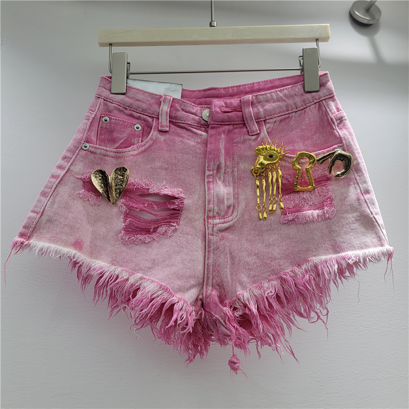 Pantalones Cortos Jeans para Mujer de Mezclilla Pierna Ancha con Borde Deshilachado y Metal image 4