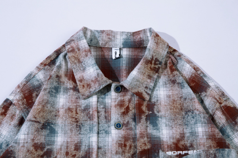 Herrenbekleidung Street Vintage Tie-Dye Plaid Loose Shirt Trendy Brandneues Jugend Casual All-Match-Shirt_voghion.com