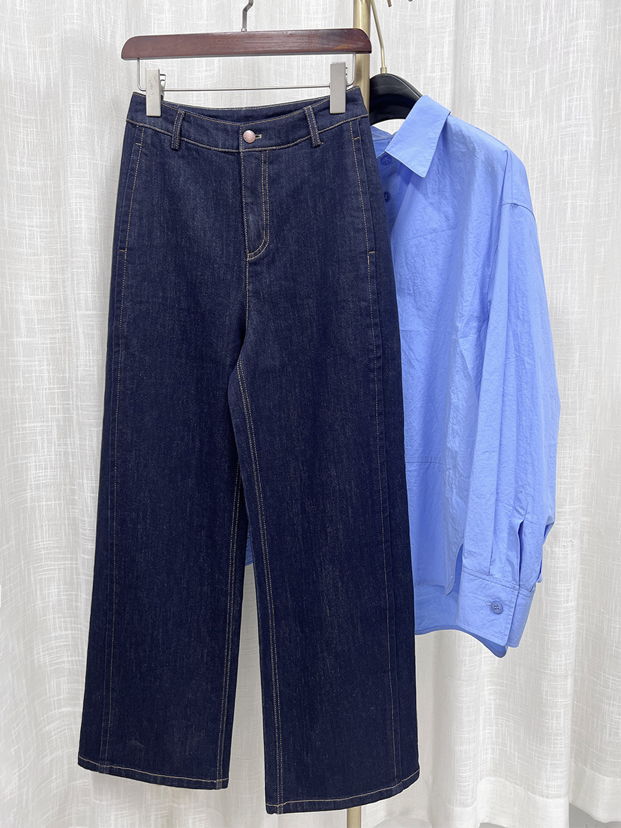 Quần jean ống rộng nữ eo cao denim đường chỉ tương phản — màu denim