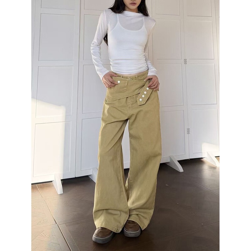 Khaki Floor-Length New High-Street Flared Jeans American-Style Straight-Leg Slimming Low-Waist Loose Retro Jeans