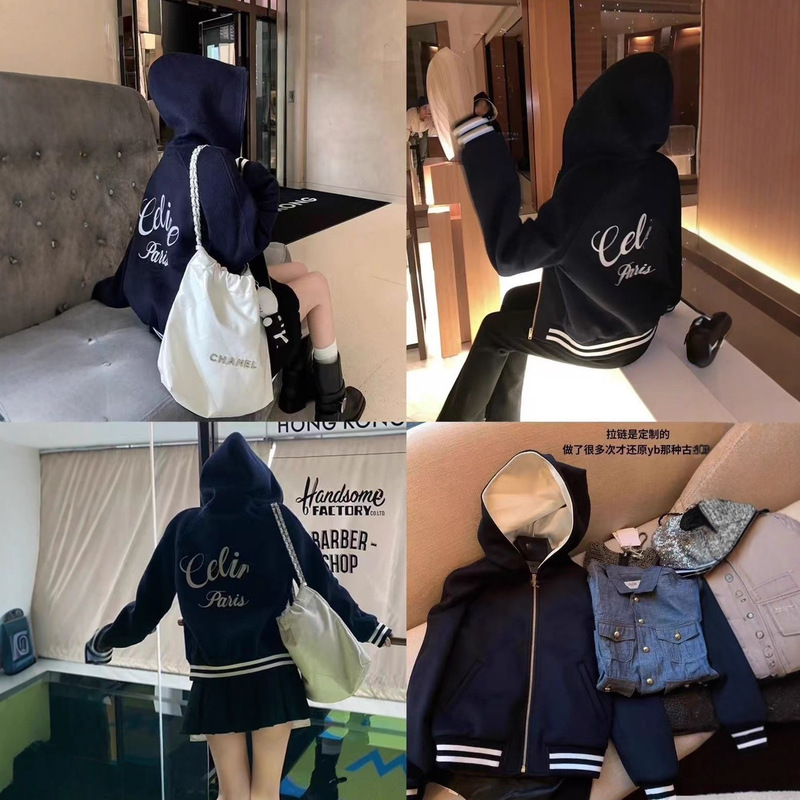 CEL潮牌棒球服连帽卫衣外套后背刺绣设计感美式慵懒风外套|undefined