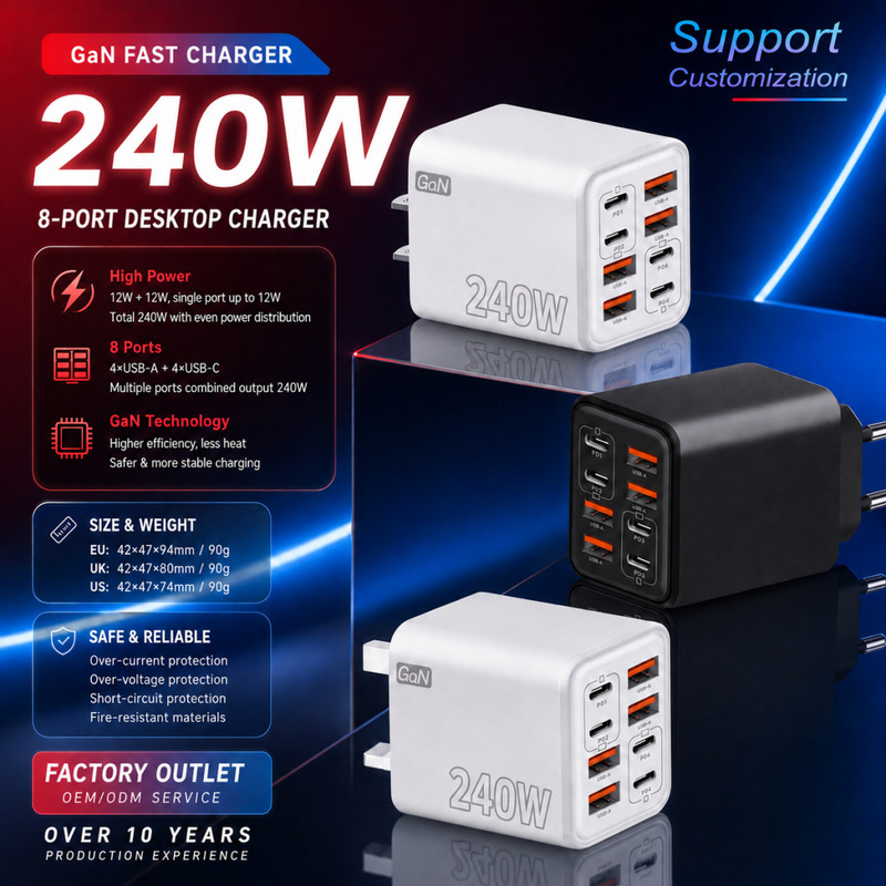 Cross-Border Multi-Port Charger 4Usb+4Pd Suitable for Apple, Huawei, Xiaomi Mobile Phones, European and American Standard Fast Charging Charging Head