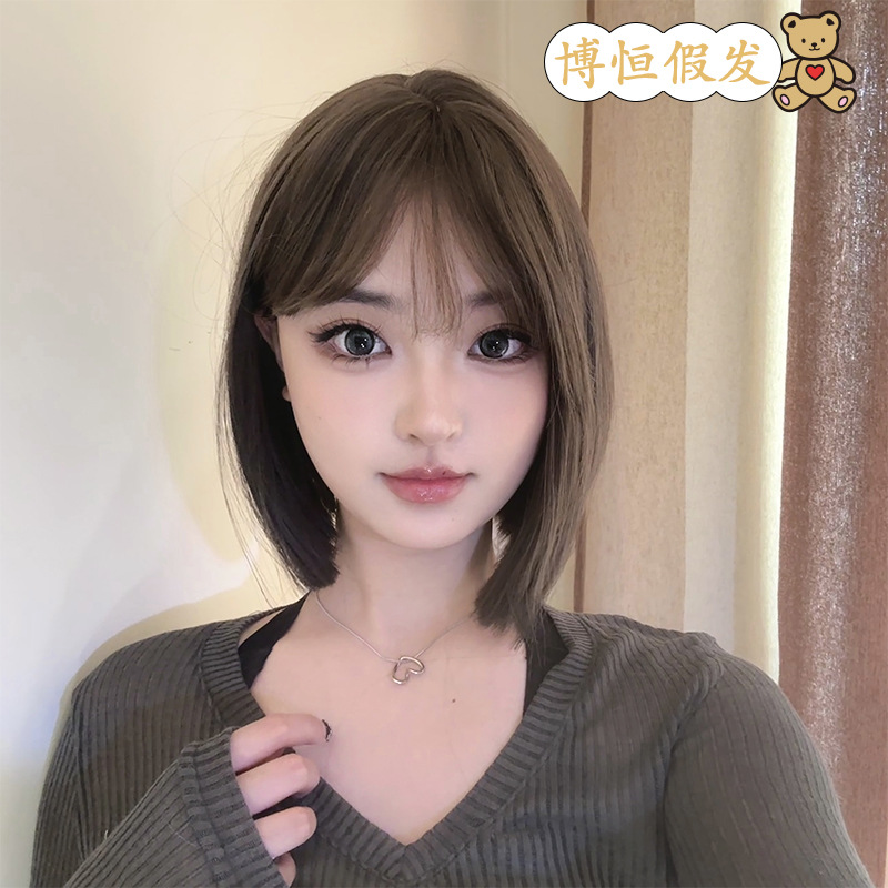 Short Bob Wig for Women, Full Headpiece, Realistic Breathable Short Straight Hair Wig with Full Bangs, Makes Face Look Smaller
