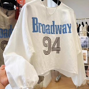 3779 Advanced Letter Printed Casual Cotton and Linen Long-Sleeved Thin Sun Protection Shirt for Women Summer Pullover Blouse Good-Looking Top