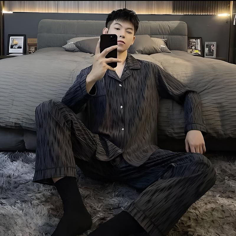 Pajamas for Men, Summer Thin Ice Silk Simple Luxury Style for Teenagers, Korean Style Silk Long-Sleeved Home Wear Set