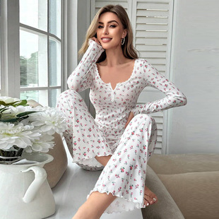 Cross-border Amazon Europe and America Long Sleeve V-neck Pajamas Small Floral Printed Lettuce Curled Pants Home Clothes suit Women