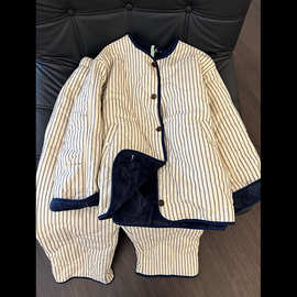 简约风黑白条纹加厚夹棉睡衣女秋冬新款家居服加厚保暖套装两件套
